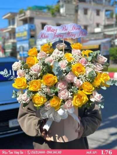 lẵng hoa hồng vàng mix hồng pastel