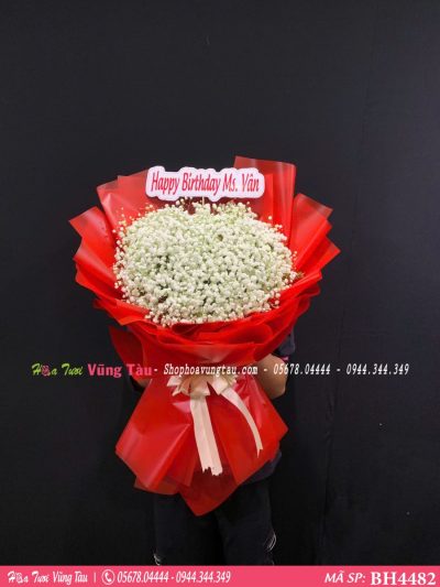 bó hoa baby trắng giấy đỏ bh4482